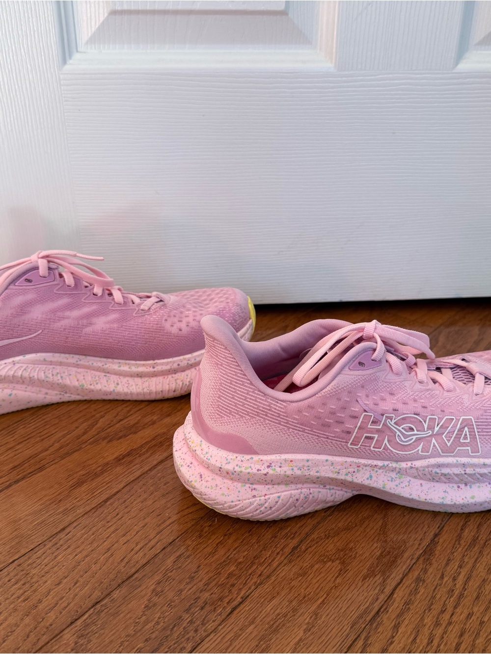 Hoka Women's Mach 6 Pink Running Shoes with Yellow Toe Accents - Picture 4 of 7
